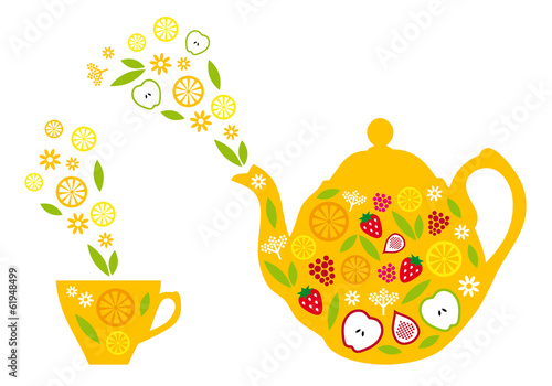 tea pot and cup with fruits, vector