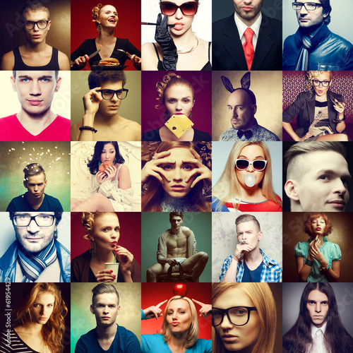 Hipster people concept. Collage of fashionable men & women