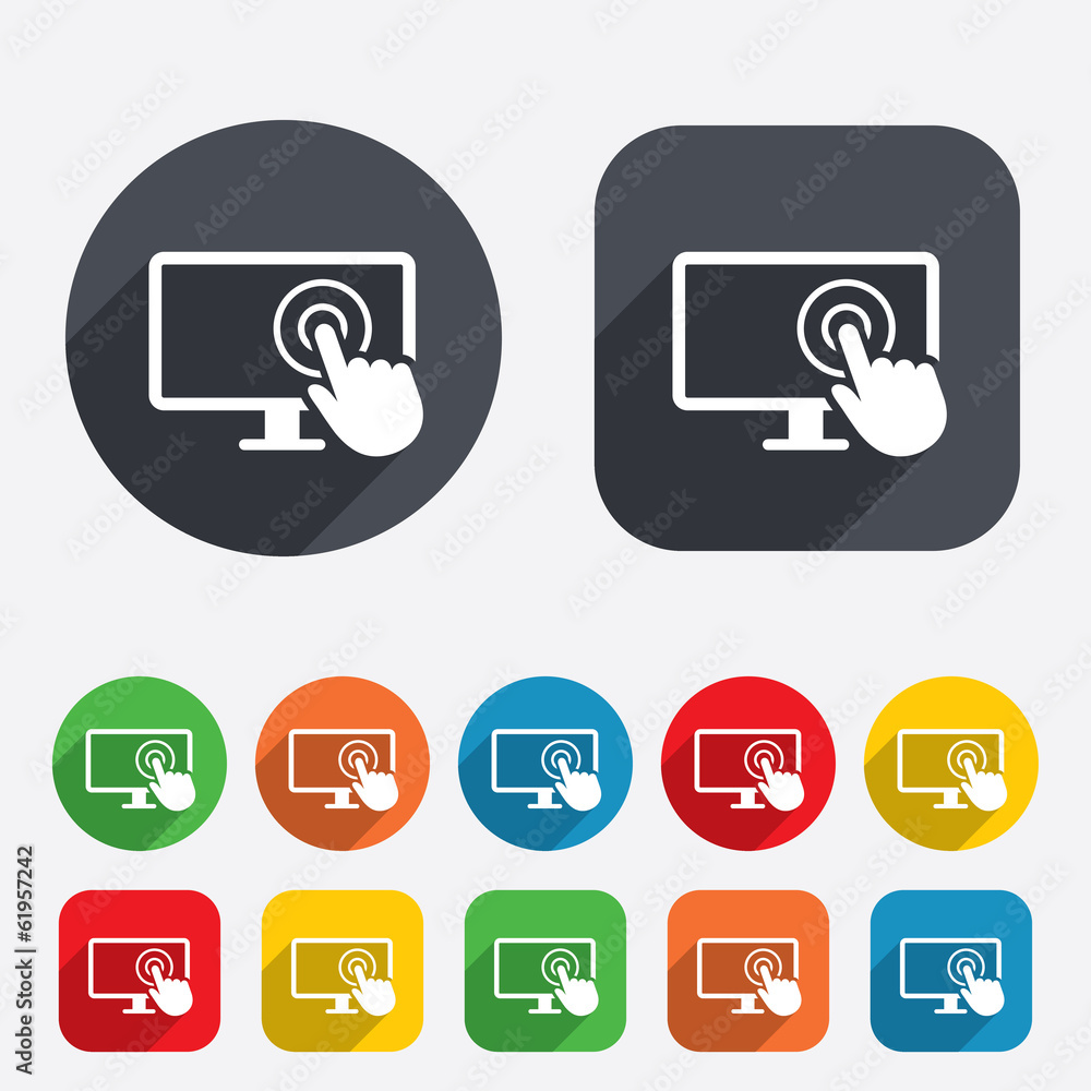 Touch screen monitor sign icon. Hand pointer. Touch screen monitor sign icon. Hand pointer.