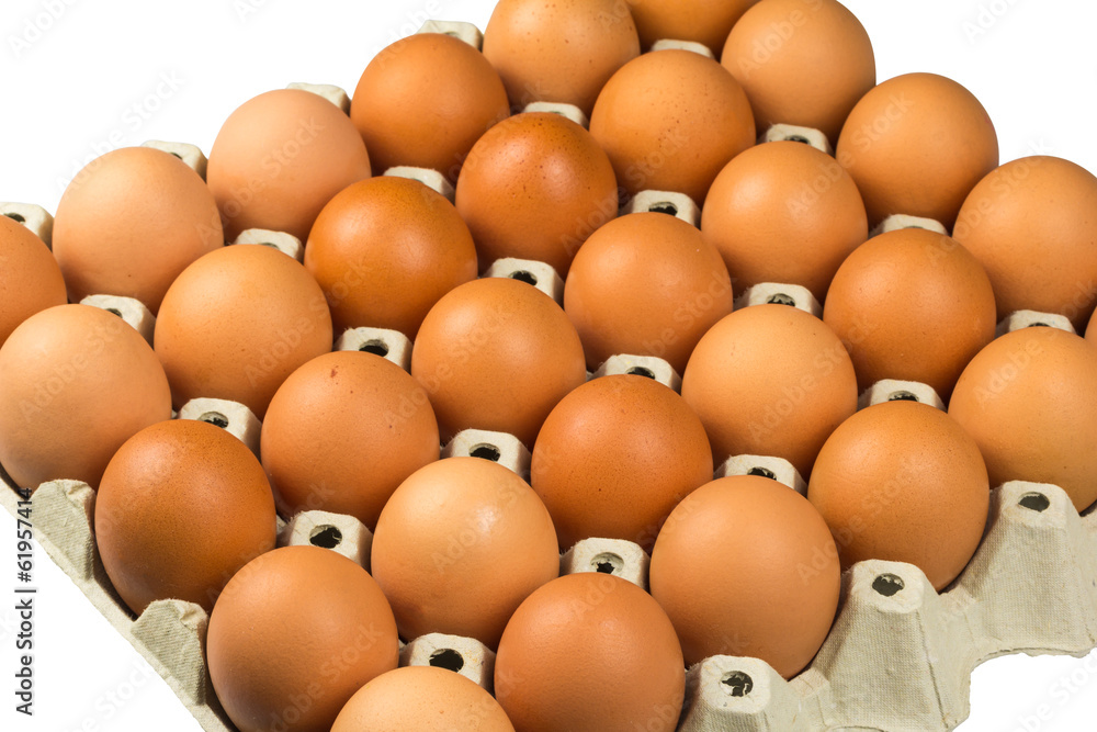 Eggs in paper tray isolated on white Eggs in paper tray isolated on white