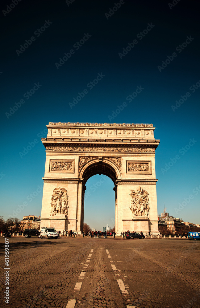 Paris, Famous Arc de Triumph with flag of France