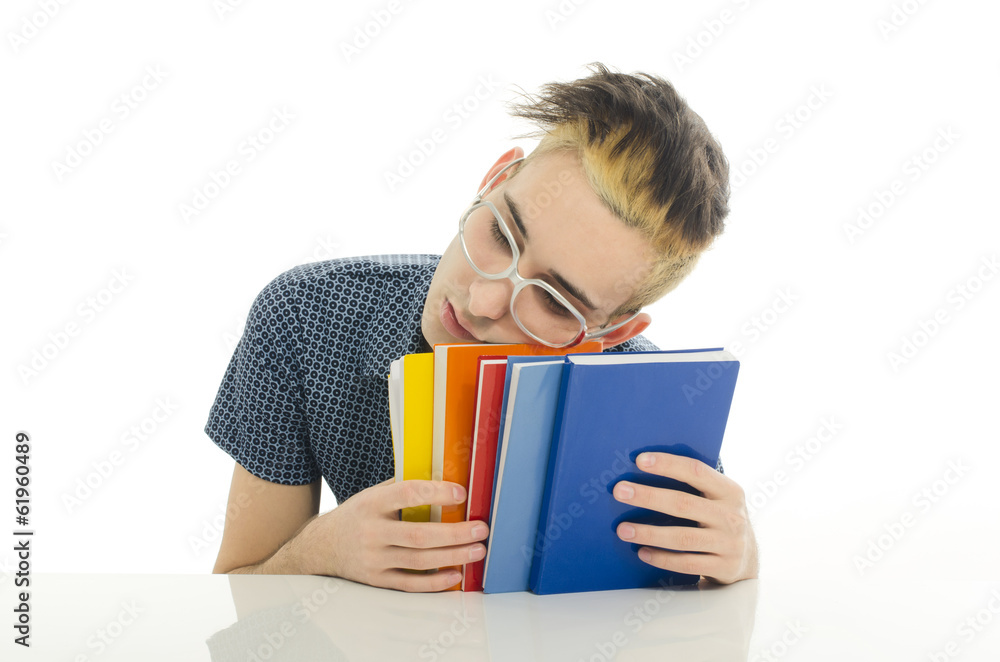 Student with eyeglasses studying for school, man holding books Student with eyeglasses studying for school, man holding books