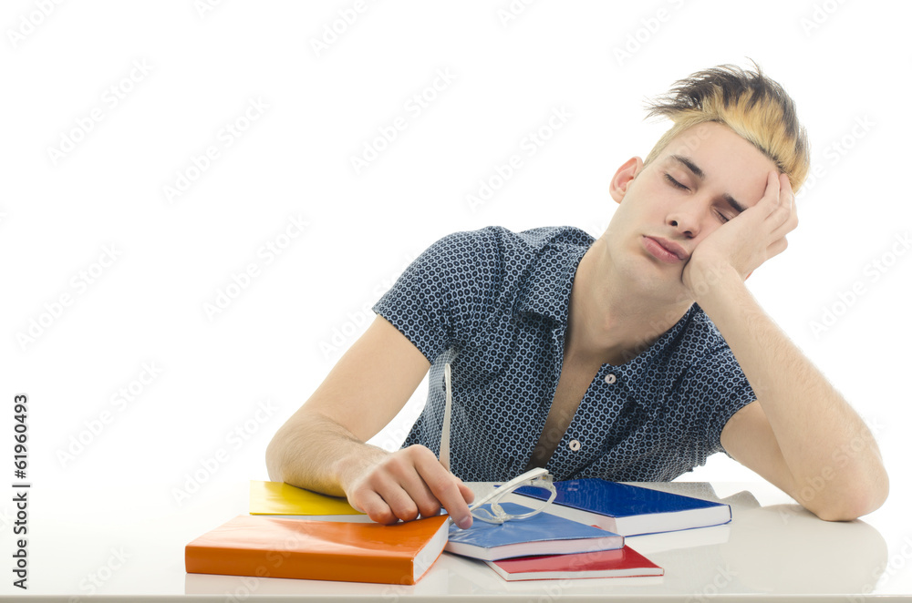 Student with eyeglasses studying for school, man holding books Student with eyeglasses studying for school, man holding books