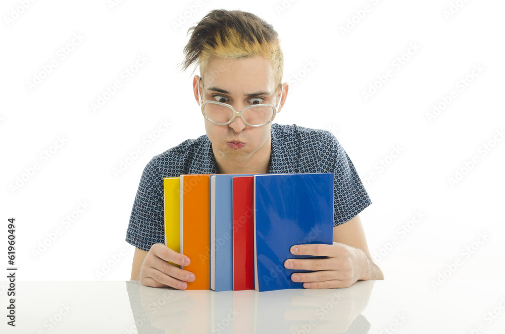 Student with eyeglasses studying for school, man holding books Student with eyeglasses studying for school, man holding books