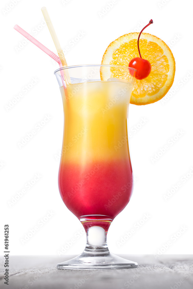 Tequila sunrise cocktail on wooden surface and white background. Tequila sunrise cocktail on wooden surface and white background.