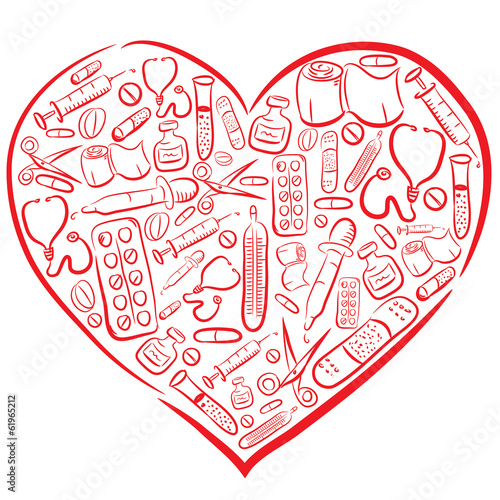 Hand Drawn Healh Care and Medical Vector Illustration Set With Heart Shape.