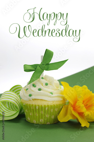 Happy Wednesday green theme cupcake with sampe text greeting. photo