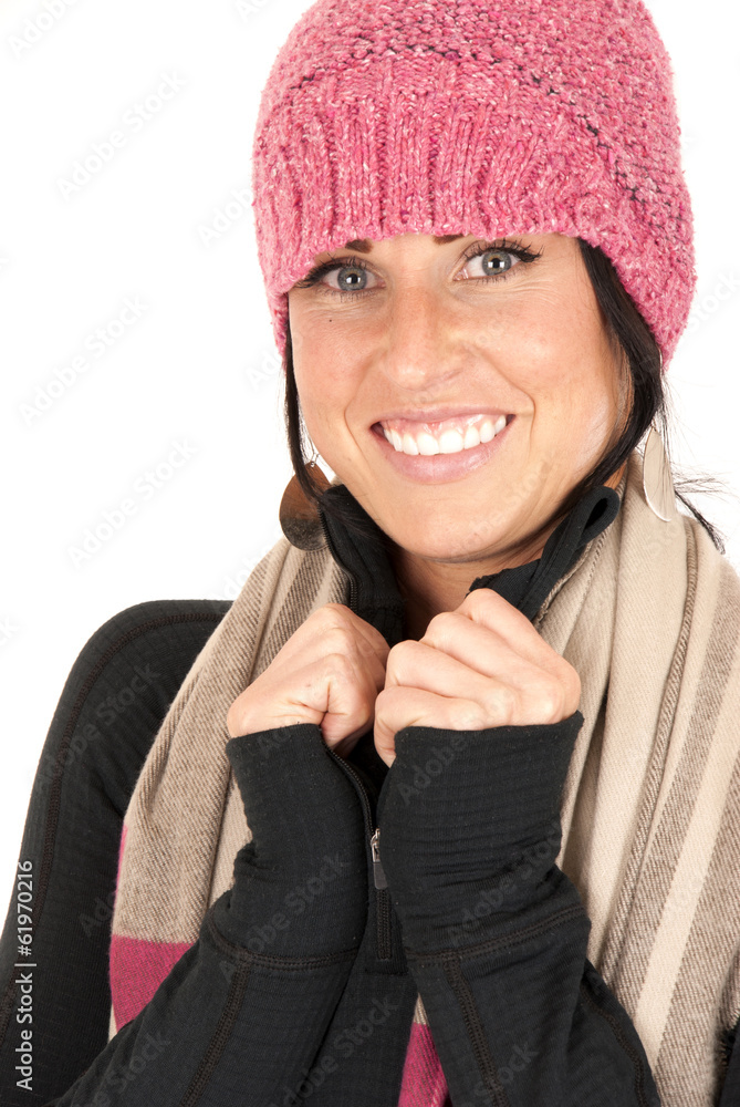attractive female smiling wearing pink knit hat and scarf lookin attractive female smiling wearing pink knit hat and scarf lookin