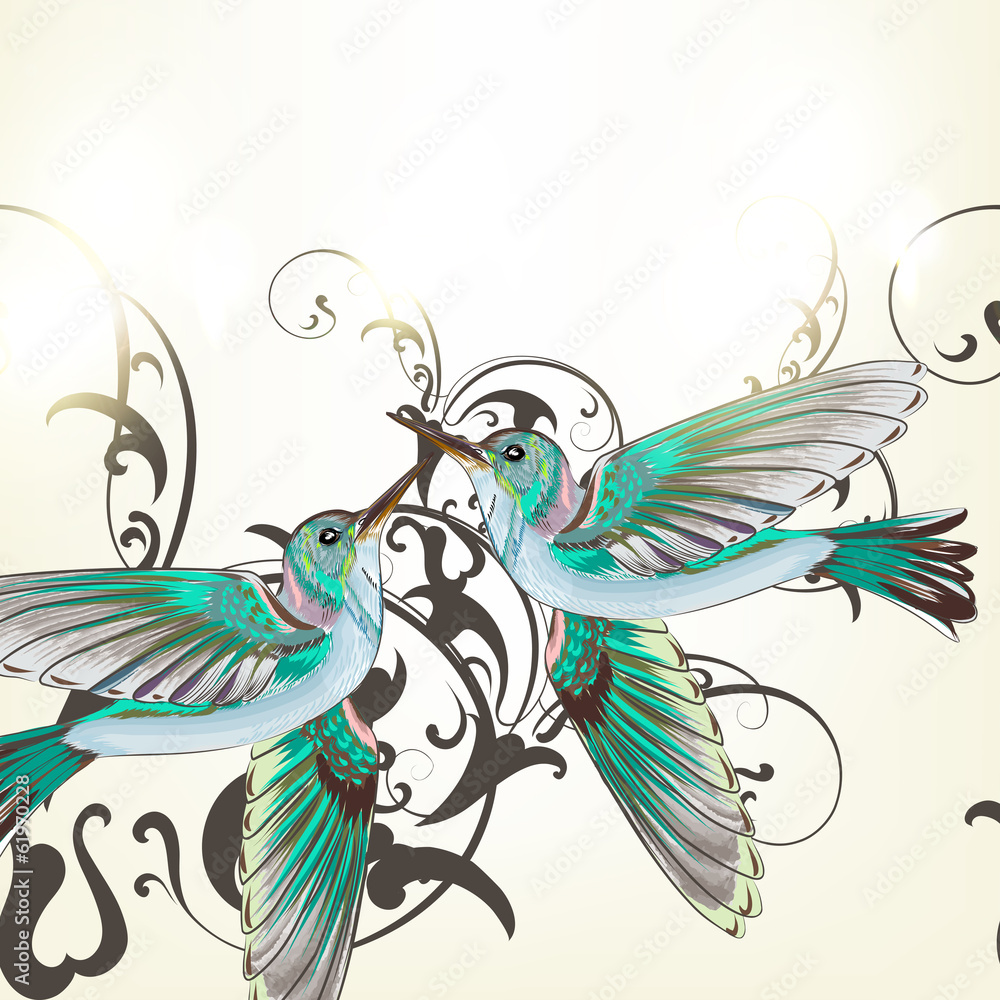 Beautiful vector background with humming birds in watercolor sty