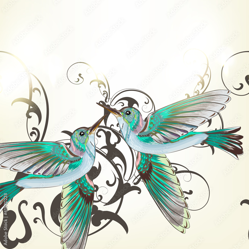 Obraz premium Beautiful vector background with humming birds in watercolor sty