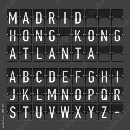 Airport terminal timetable, information board, display alphabet