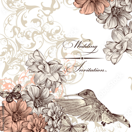 Wedding invitation card with birds and  butterflies