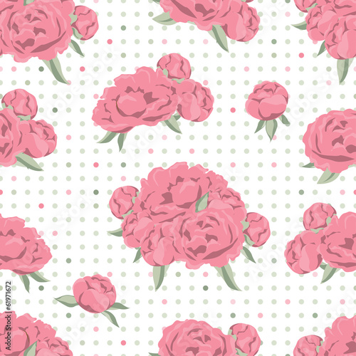 Seamless pattern with  peony flowers on spotted background