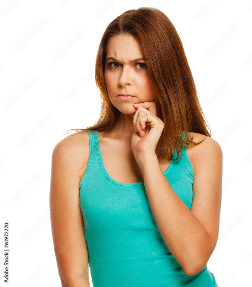 angry displeased thinking woman girl isolated