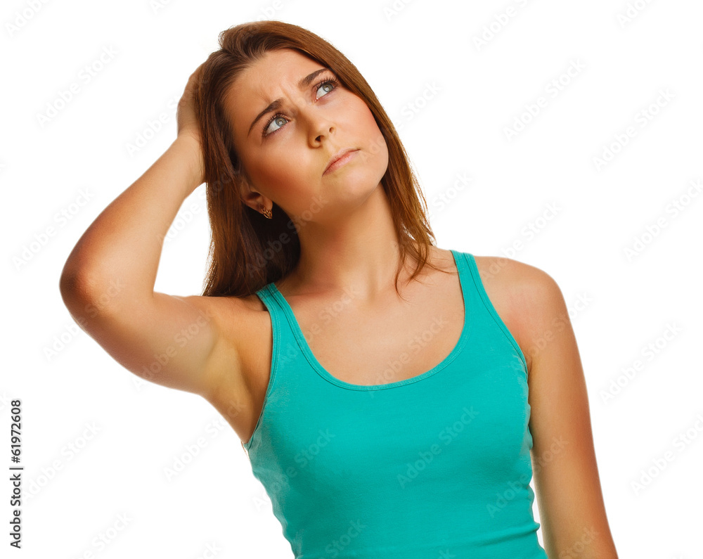 girl looking up frowning thinks woman women's thinking isolated girl looking up frowning thinks woman women's thinking isolated