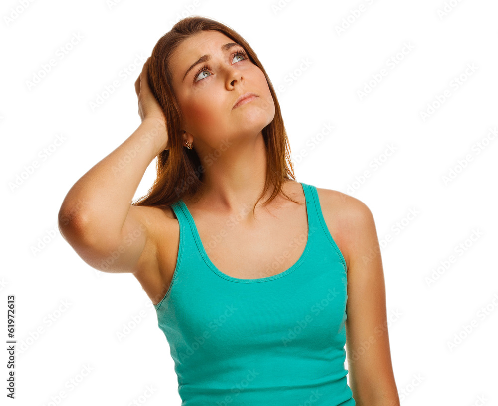 girl looking up frowning woman thinks women's thinking isolated girl looking up frowning woman thinks women's thinking isolated