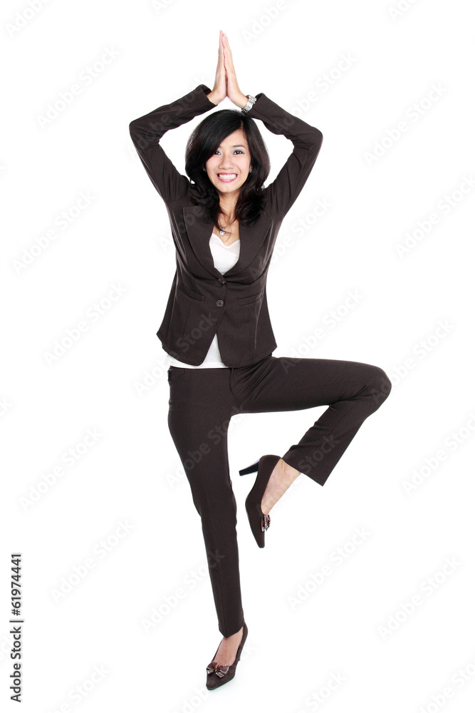 Excited businesswoman dancing doing something funny
