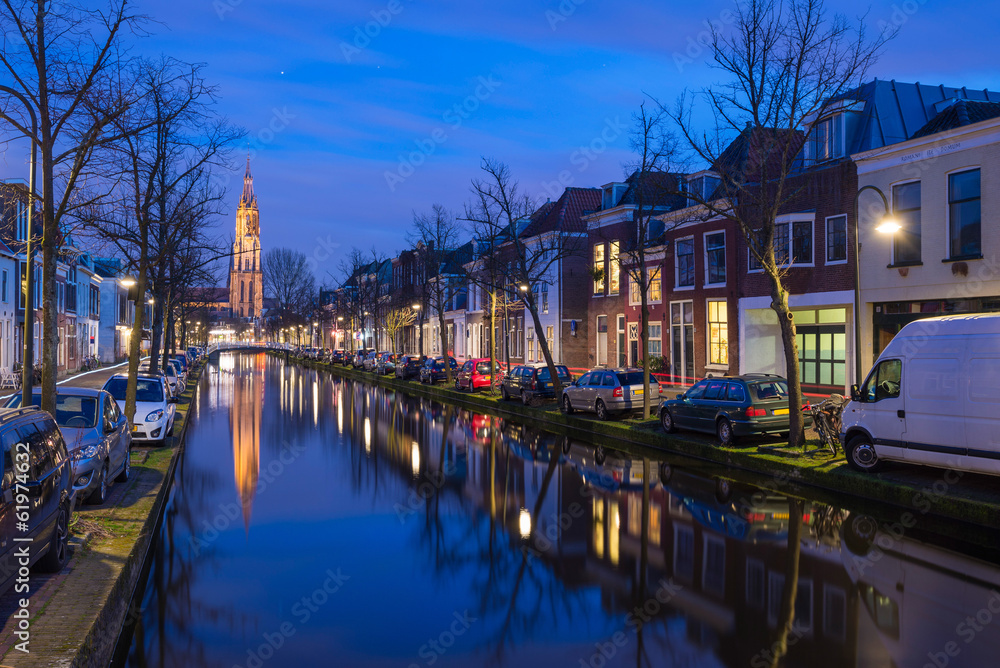 Tranquil evening by the canal in the city of Delft, The Netherla