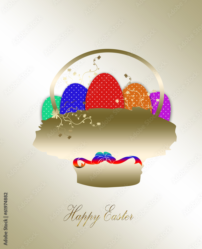 Fototapeta premium Colorful Easter eggs in a little basket. Easter gold background