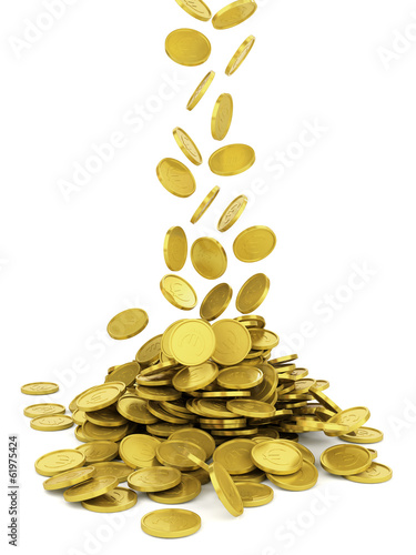 Falling golden coin - isolated on white photo