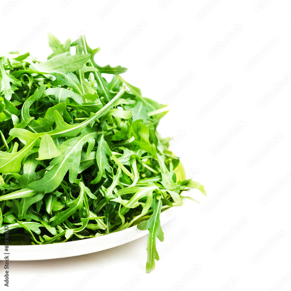 Arugula salad on a plate isolated on white background closeup. H Arugula salad on a plate isolated on white background closeup. H