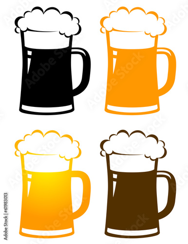 set of colorful beer mugs with foam