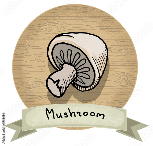 Hand drawn mushroom icon, wooden background