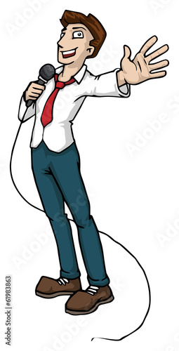 Presenter holding a microphone and pointing at something