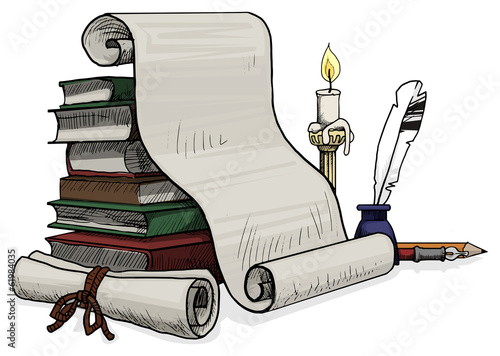Inkwell with a feather and a papers,books and candle