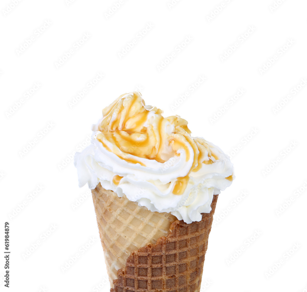 Soft serve ice cream. Topping caramel.