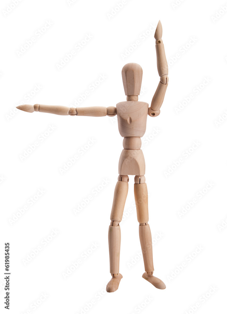Wooden figure dummy showing hand , isolated on white Wooden figure dummy showing hand , isolated on white