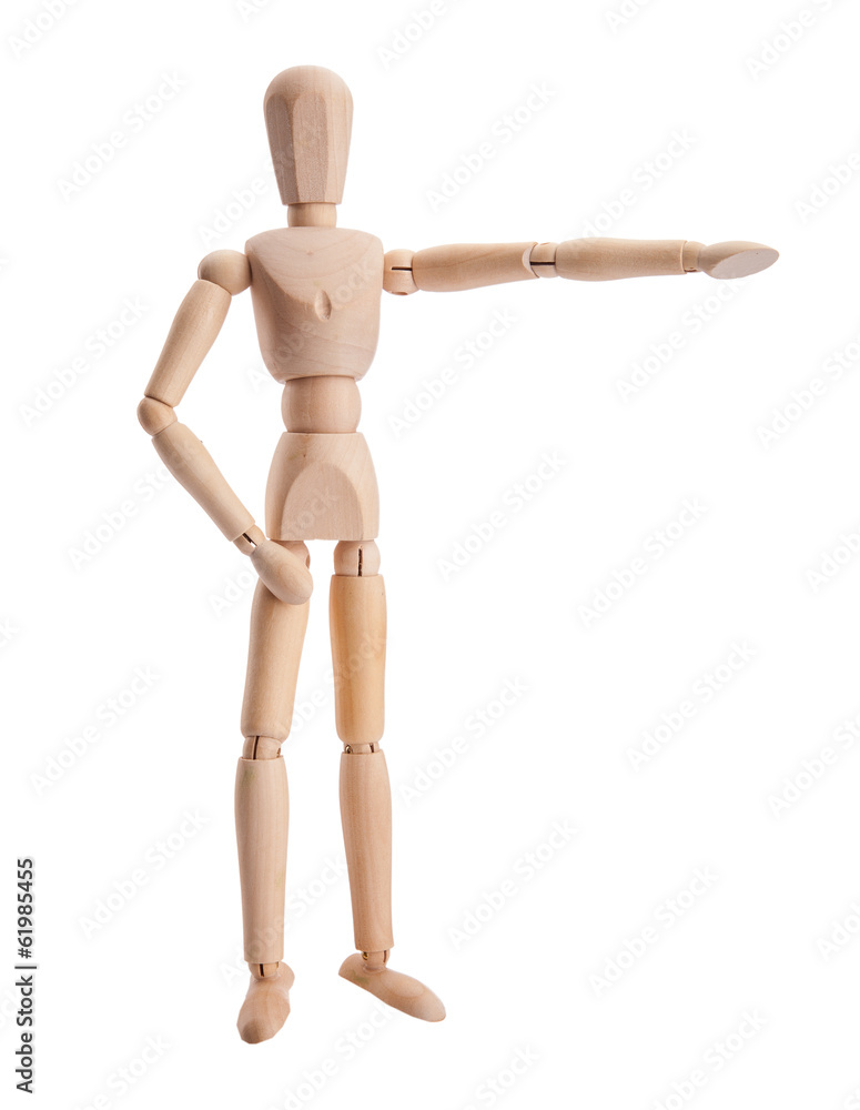Wooden figure dummy showing hand, isolated on white Wooden figure dummy showing hand, isolated on white