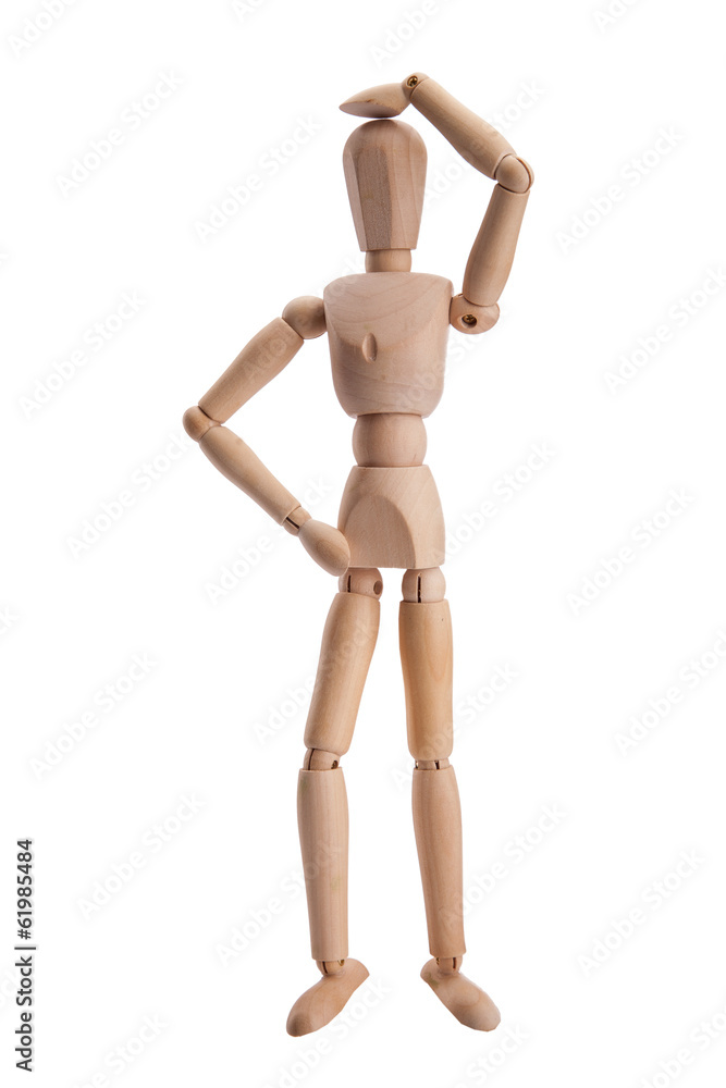 Wooden figure dummy thinking, isolated on white Wooden figure dummy thinking, isolated on white