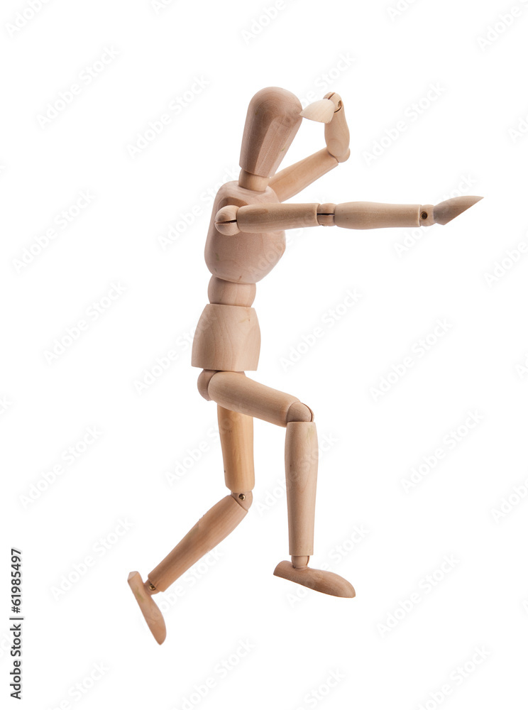 Wooden figure dummy run, isolated on white Wooden figure dummy run, isolated on white
