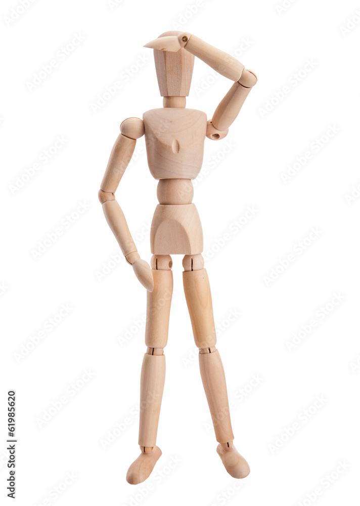 Wooden figure dummy thinking, isolated on white Wooden figure dummy thinking, isolated on white