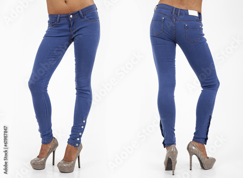 pretty women in tight jeans on white background