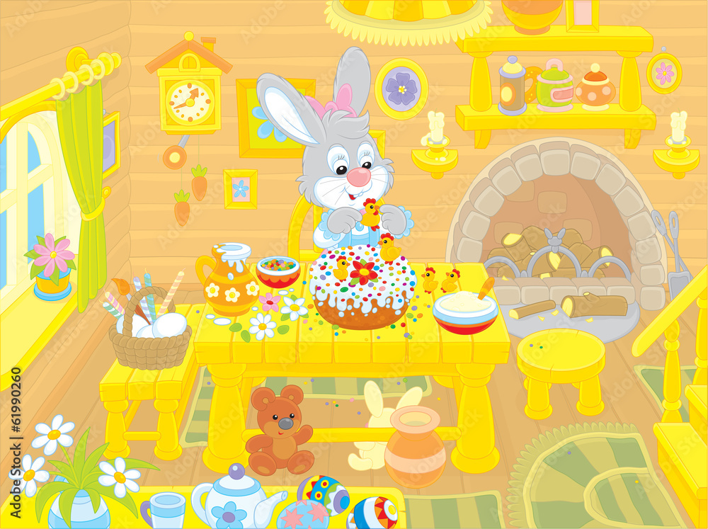 Obraz premium Easter bunny cooks a holiday cake