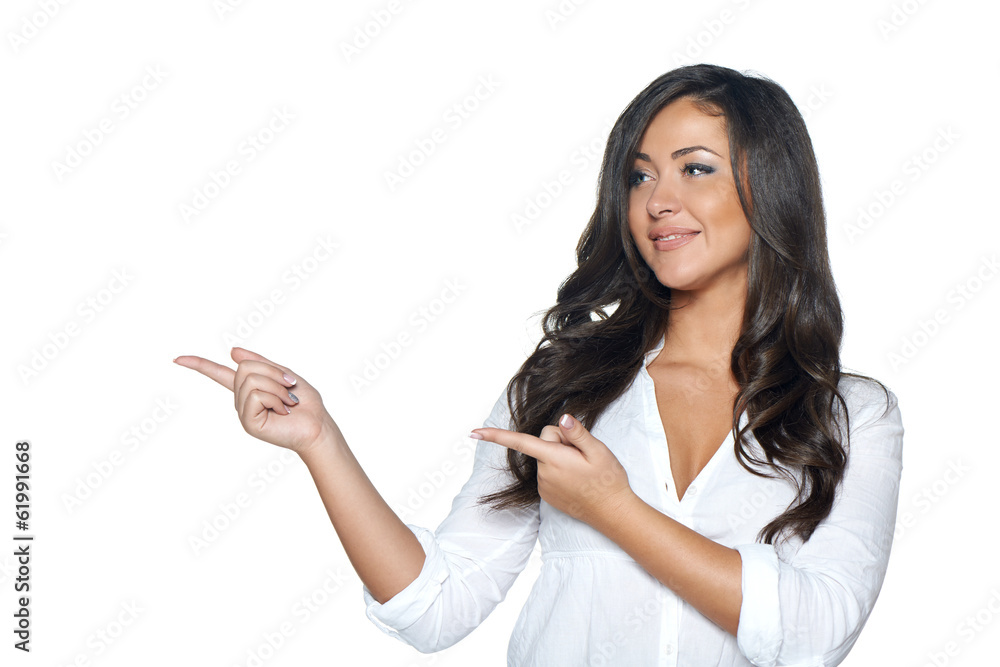 Woman holding blank copy space on her open palm Woman holding blank copy space on her open palm
