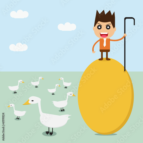 Businessman standing on golden eggs from goose