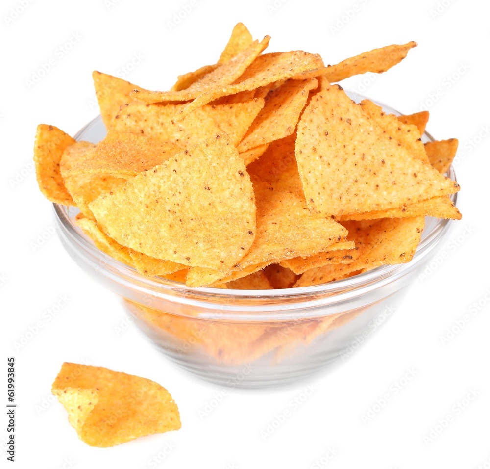 tasty potato chips in transparent bowl isolated on white tasty potato chips in transparent bowl isolated on white