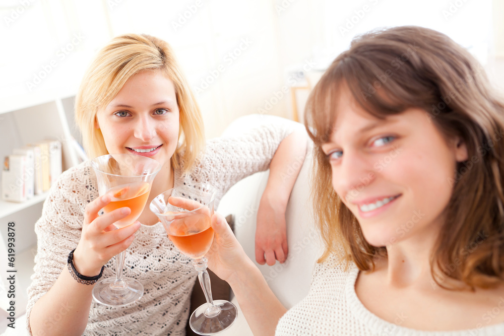 Girls having a toast in a sofa Girls having a toast in a sofa