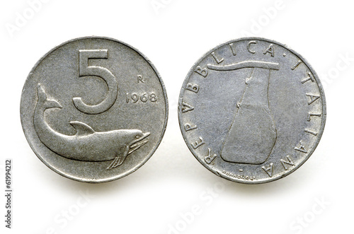 5 Lire Delfino Timone rovesciato 1968 Lira italiana photo