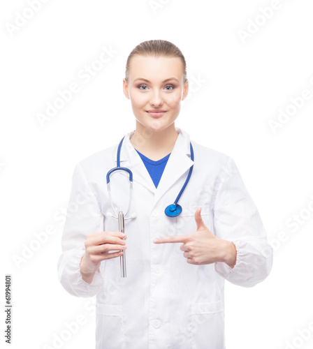 A young female medical worker in white clothes