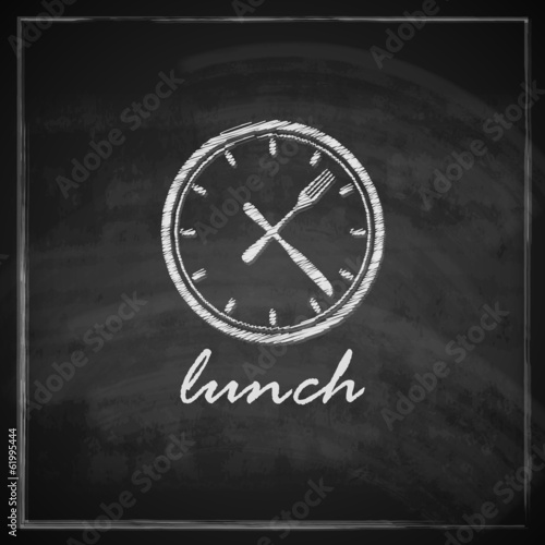 illustration with clock and cutlery on blackboard background.