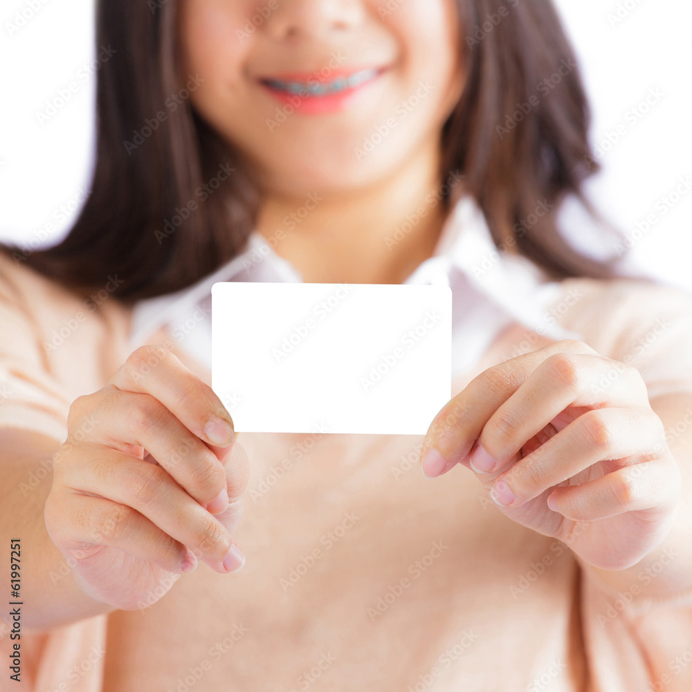 Woman holding blank card Woman holding blank card