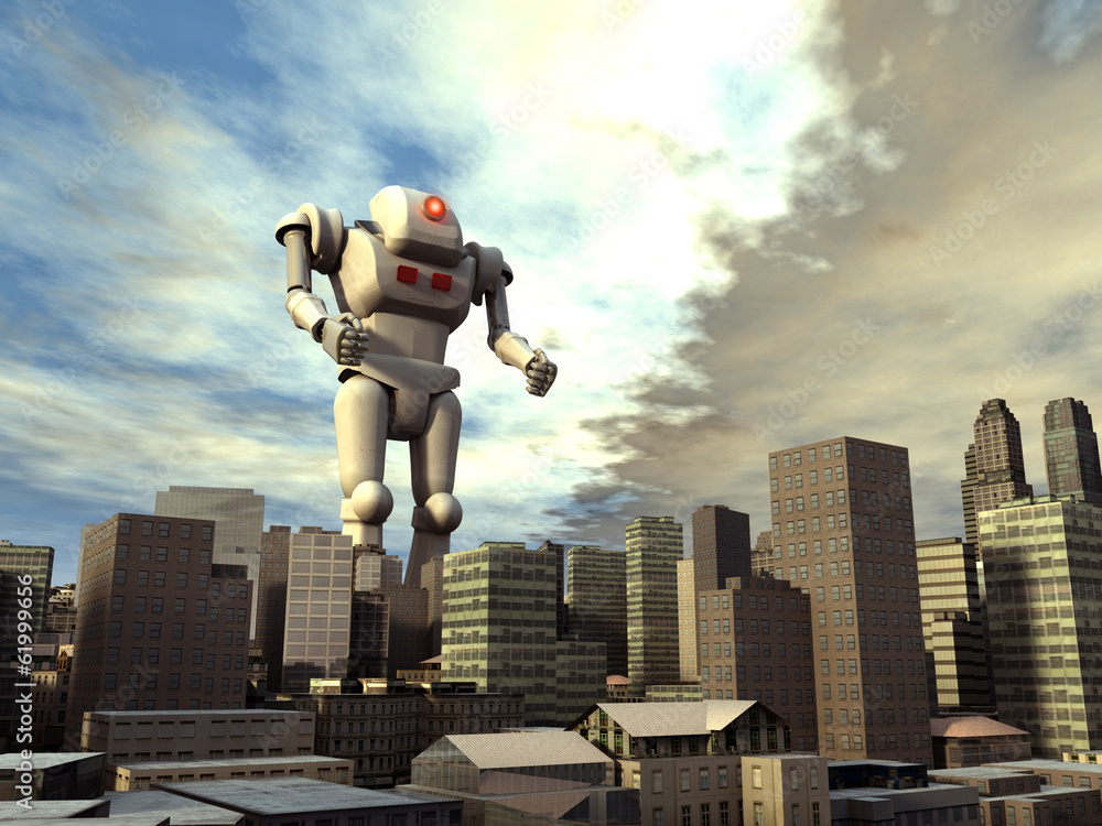 Robot gigante en una ciudad Stock Illustration | Adobe Stock