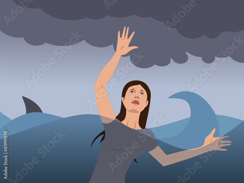 Portrait of a young woman drowning, shark fin on the background