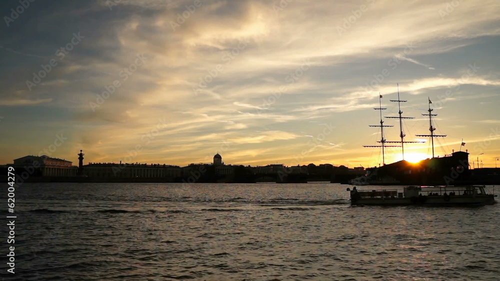 View to split of Vasilievsky island, river Neva, timelapse
