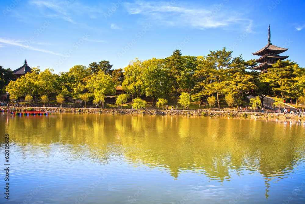 Park, pond and Toji temple pagoda in Nara city. Japan.