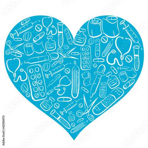 Hand Drawn Health Care and Medical Vector Illustration Set With Blue Heart Shape.